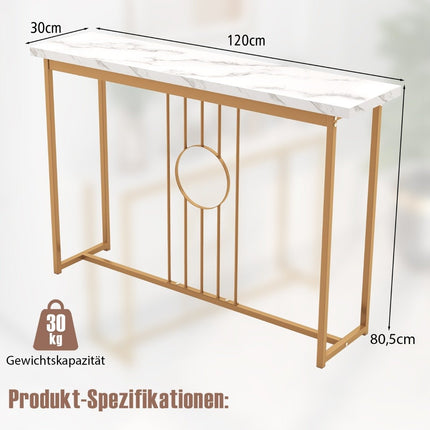 Konsolentisch in Marmoroptik mit Metallrahmen und verstellbaren Fußpolstern. Schmaler Beistelltisch