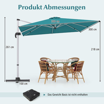 slunečník s křížovou základnou a otáčením o 360° pro zahradu a okolí bazénu 300 x 300 cm modrý