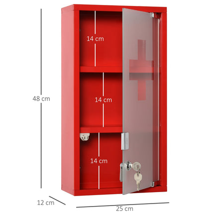 Kovová lékárnička se zámkem, 3 přihrádky, červená