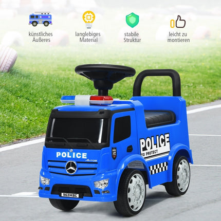Vozítko Mercedes Benz s úložným prostorem a klaksonem a sirénou a píšťalkou a výstražným majákem dětské policejní auto
