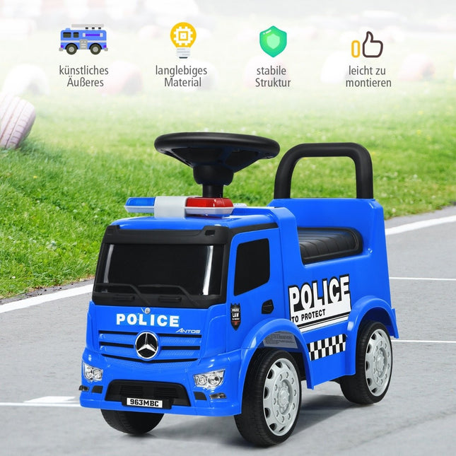 Vozítko Mercedes Benz s úložným prostorem a klaksonem a sirénou a píšťalkou a výstražným majákem dětské policejní auto
