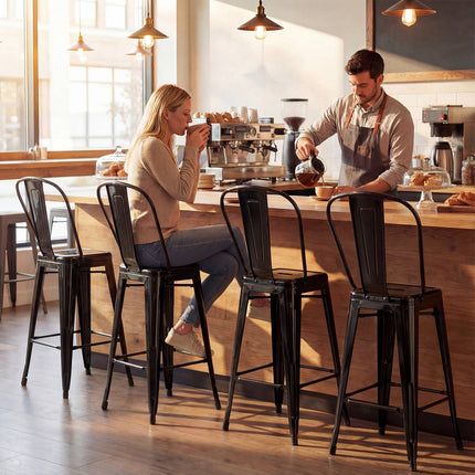 Metal Bar Stools Set of 4, Black, Stackable with Backrests