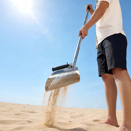 Prosévací lopatka na písek pro hledání kovů – dlouhá násada, nerez