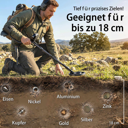 Sada detektoru kovů s lopatkou a sluchátky, hloubka 18cm