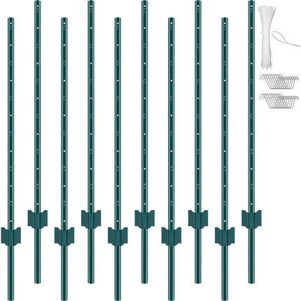 Metal Fence Posts, 4 Ft U-Channel Steel, 10 Pack, Green