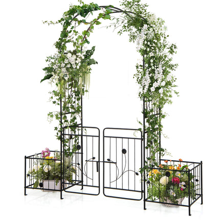 Kovová zahradní pergola s mřížkou, 87 palců, uzamykatelná branka, truhlíky
