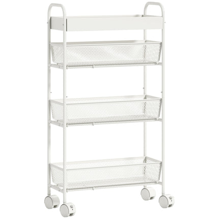 Kovový kuchyňský vozík, 3 koše, úzký design, 4 kolečka, bílá