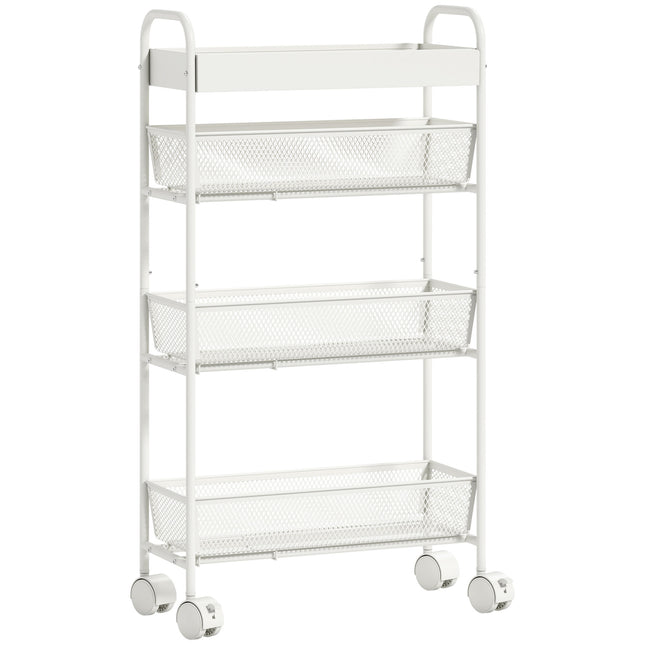 Kovový kuchyňský vozík, 3 koše, úzký design, 4 kolečka, bílá