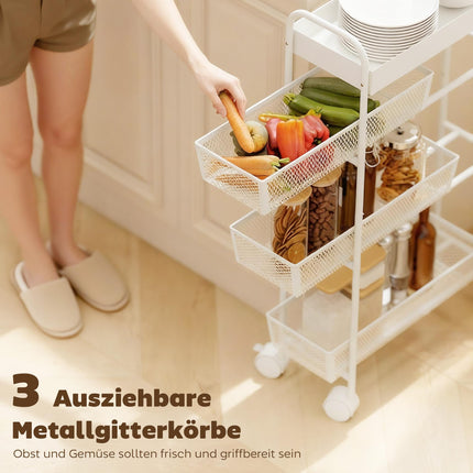 Kovový kuchyňský vozík, 3 koše, úzký design, 4 kolečka, bílá