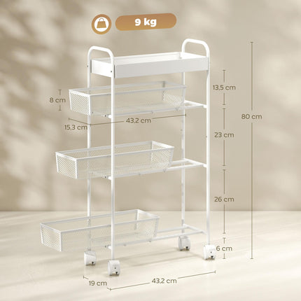 Kovový kuchyňský vozík, 3 koše, úzký design, 4 kolečka, bílá