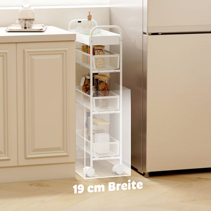 Kovový kuchyňský vozík, 3 koše, úzký design, 4 kolečka, bílá
