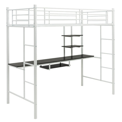 Metal Loft Bed Frame with Desk, Ladders, and Guardrails