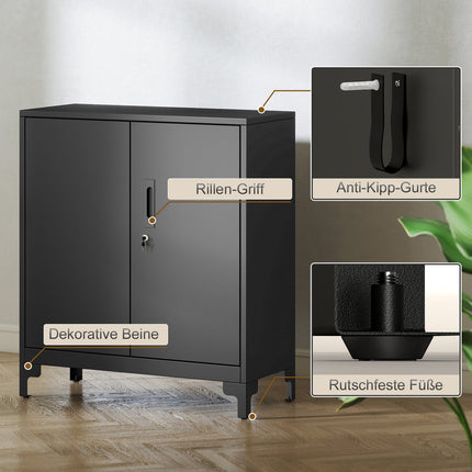Metall-Büroschrank, abschließbare Türen, 2-stöckig, Schwarz