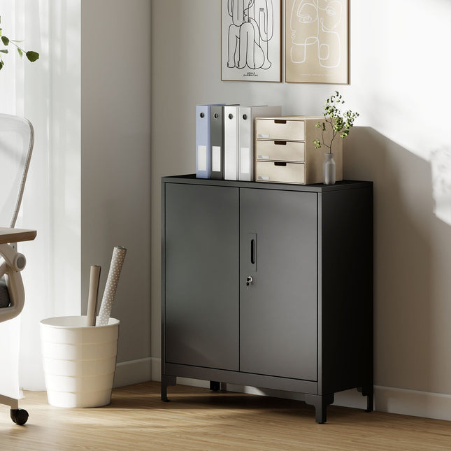 Metall-Büroschrank, abschließbare Türen, 2-stöckig, Schwarz