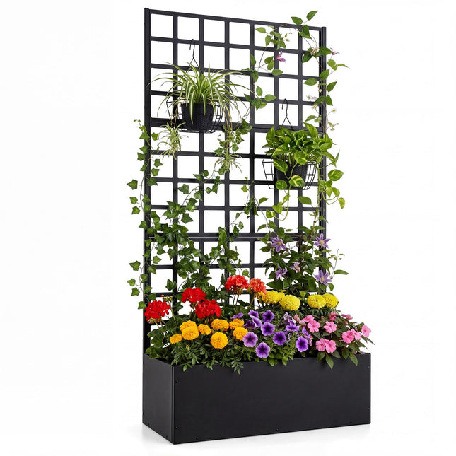 Metal Raised Garden Bed With Trellis, Drainage Holes, Black
