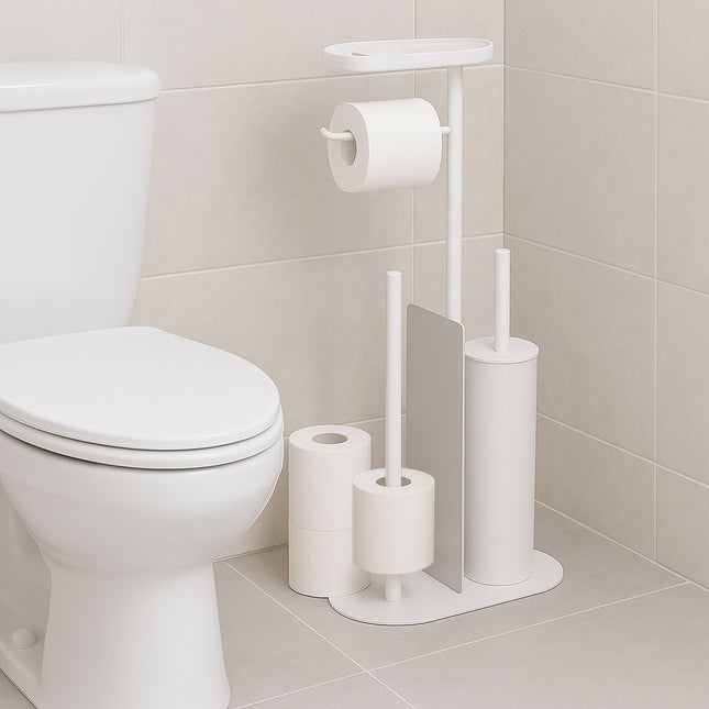 Metalen toiletrolhouder met borstel en plank