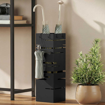 Metal Umbrella Stand with Drip Tray & Hooks, Black