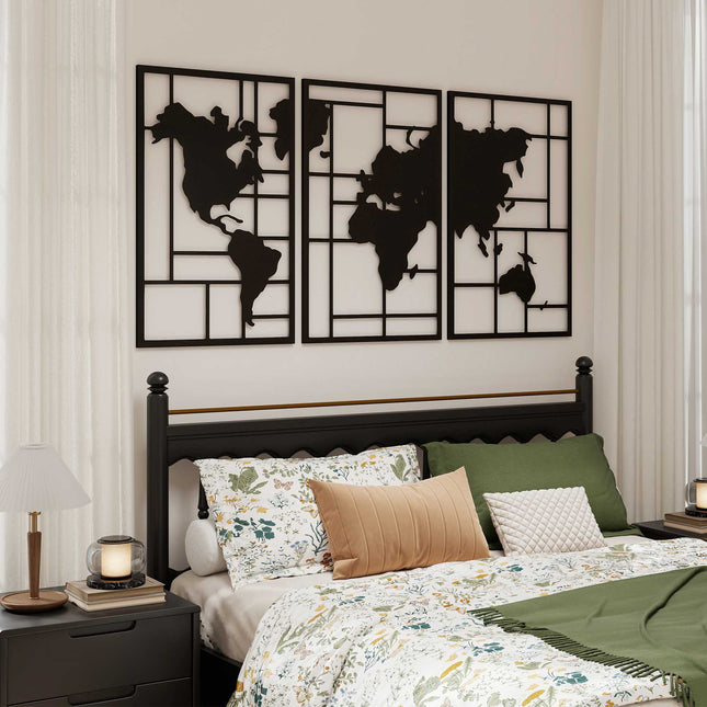 Kovová nástěnná dekorace, sada 3 ks – mapa světa, 50x80 cm, černá