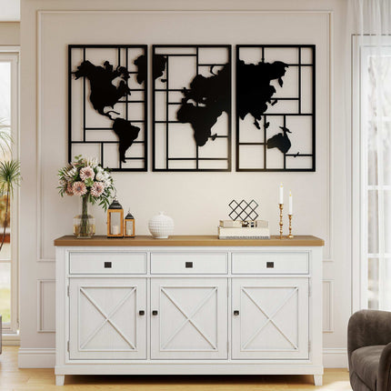 Kovová nástěnná dekorace, sada 3 ks – mapa světa, 50x80 cm, černá