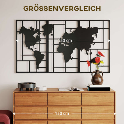Kovová nástěnná dekorace, sada 3 ks – mapa světa, 50x80 cm, černá