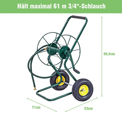 Kovový vozík na hadici se 2 pneumatikami a klikou pro hadici 61M 3/4", zelená