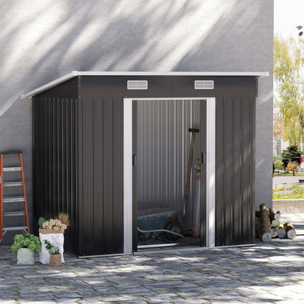 Kovový domek na nářadí 2.3 m², 207 x 130 x 182 cm, s pultovou střechou, oknem a podlahovým rámem, černá