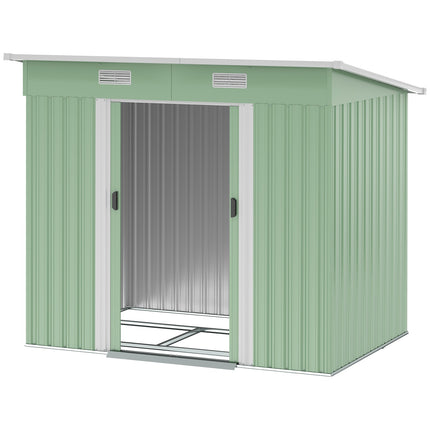 Kovový domek na nářadí 2.3 m², 207 x 130 x 182 cm, s pultovou střechou, oknem a podlahovým rámem, zelená
