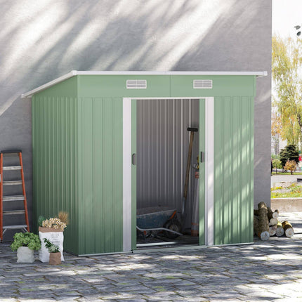 Kovový domek na nářadí 2.3 m², 207 x 130 x 182 cm, s pultovou střechou, oknem a podlahovým rámem, zelená