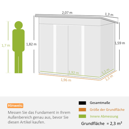 Kovový domek na nářadí 2.3 m², 207 x 130 x 182 cm, s pultovou střechou, oknem a podlahovým rámem, zelená