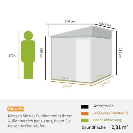 Kovový domek na nářadí 2.81m², 154x206.5x181 cm, s pultovou střechou a základnou