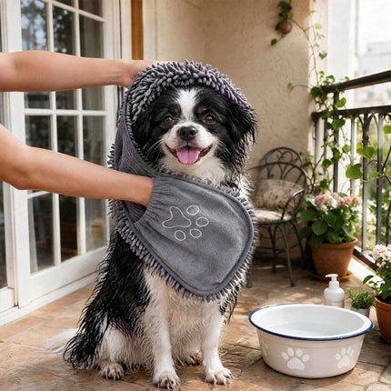 Microfiber Dog Towel 3-Piece Set with Mitt Pockets, 74 x 30.5 cm, Grey