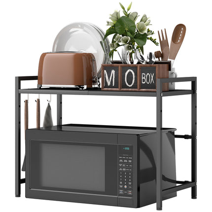Microwave Shelf, Metal, Extendable, 3 Hooks, Black
