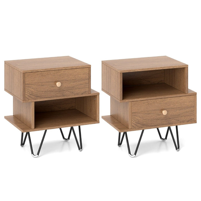 Nachtkastjeset in mid-century modern stijl met lade en plank.