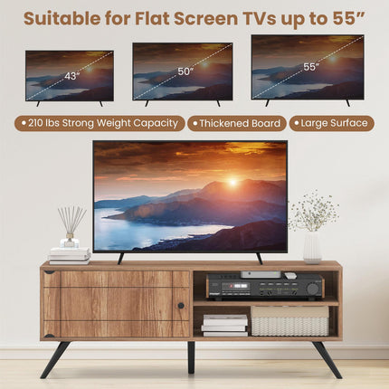 Mid Century Modern TV Stand with Storage, Oak, 55"