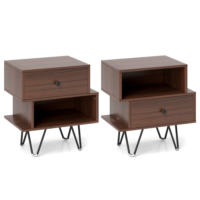 Nachtkastjeset in mid-century stijl met lade en open plank