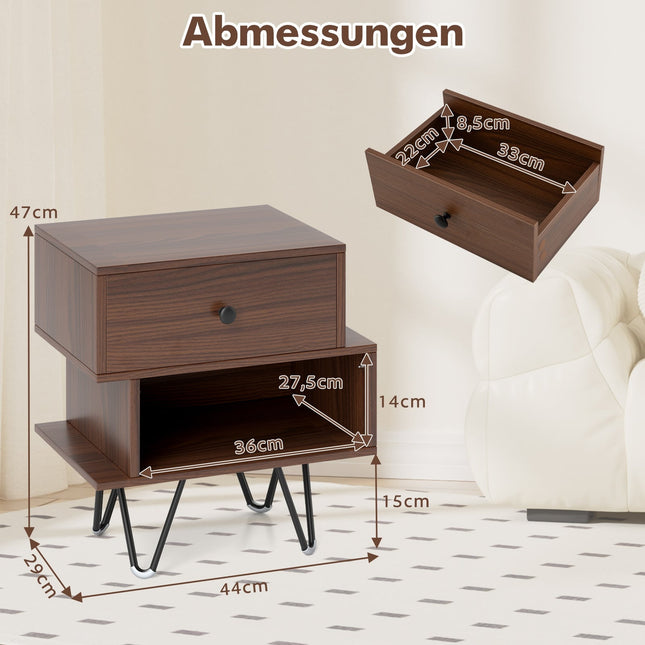 Nachtkastjeset in mid-century stijl met lade en open plank