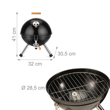 Mini kulový gril na dřevěné uhlí, černý, 30 cm ocel