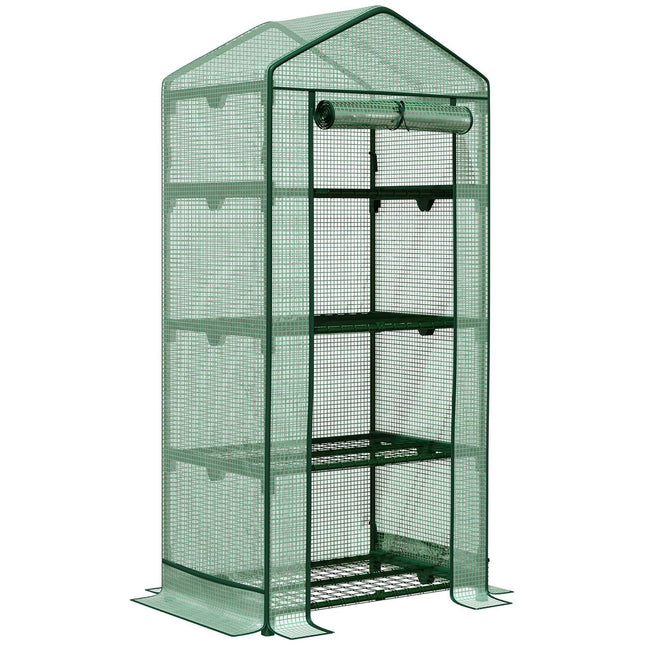Mini greenhouse with foil cover, roller door, 4 shelves