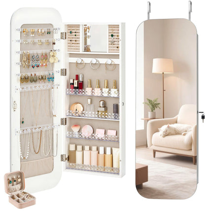 Mirror Jewelry Cabinet, Full-Length, Lockable, White