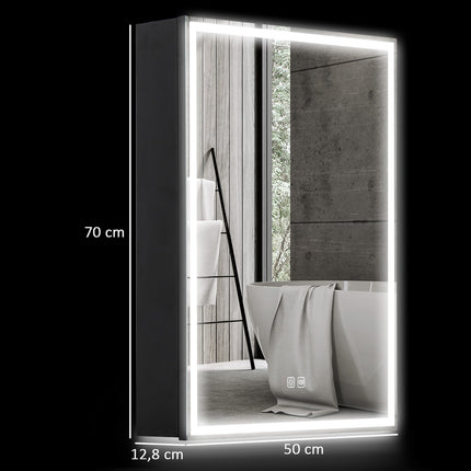 Černá LED zrcadlová skříňka - proti zamlžení, 3 barvy světla, 50x70 cm