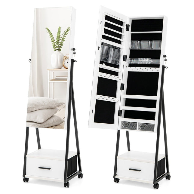 Zrcadlová skříňka organizér na šperky a make-up s celopostavovým zrcadlem 42 x 38 x 157 cm bílá
