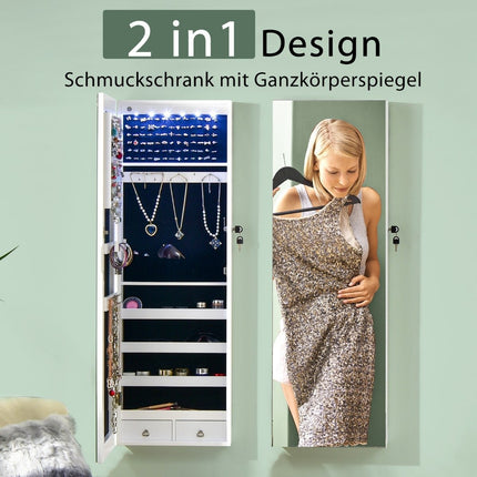 Zrcadlová skříňka na šperky uzamykatelná montáž na zeď/dveře 36 x 10 x 108 cm bílá