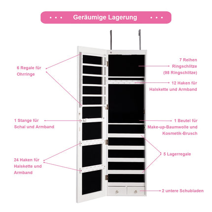 Mirrored Jewelry Cabinet With LED Lights, Wall or Door Mount
