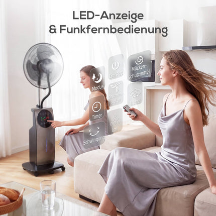 Stojanový ventilátor s mlžením a dálkovým ovládáním, 3 rychlosti, nádržka 3.1L