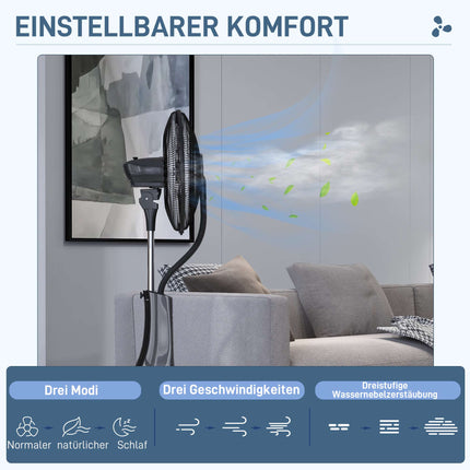 Stojanový ventilátor s mlžením a dálkovým ovládáním, černý, nádržka 3L