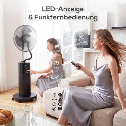 Stojanový ventilátor s mlžením a dálkovým ovládáním, nádržka 2.3L, 3 rychlosti