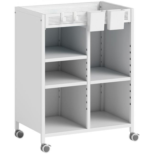 Verrijdbare boekenkast met verstelbare planken en manden, wit