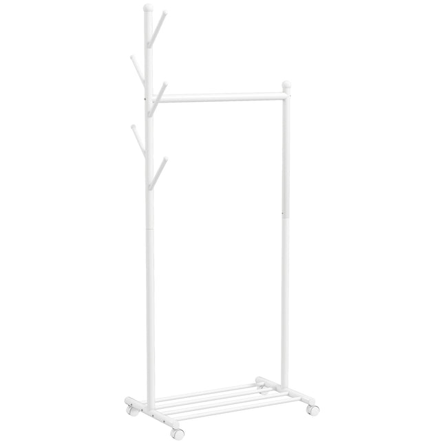 Mobiele kledingrek met stang, 5 haken, schoenenplank, wit