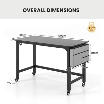 Pojízdný počítačový stůl 120cm – úložná taška, háčky, černý