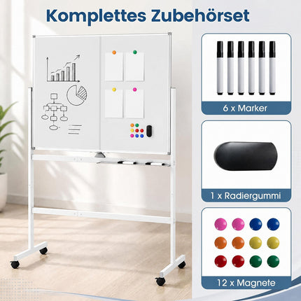 Mobile Double-Sided Magnetic Whiteboard with Wheels, 120x90 cm